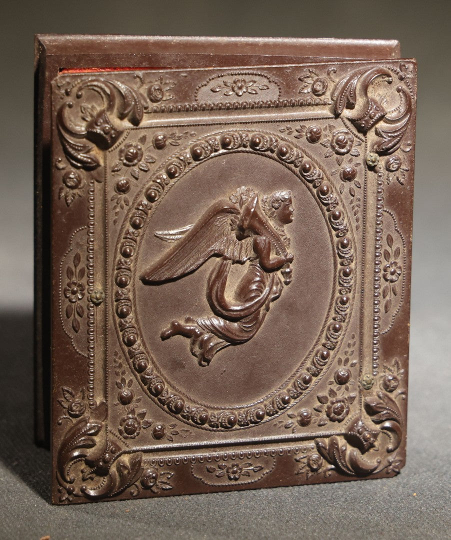 Pair of Antique 1/9th Plate Ambrotype Photographs of Two Young Women in a Double Thermoplastic Union Case with Angel in Flight Design