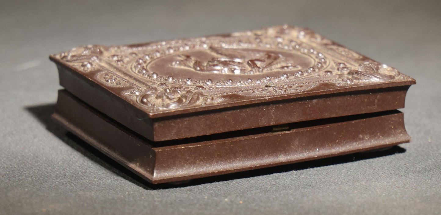 Pair of Antique 1/9th Plate Ambrotype Photographs of Two Young Women in a Double Thermoplastic Union Case with Angel in Flight Design