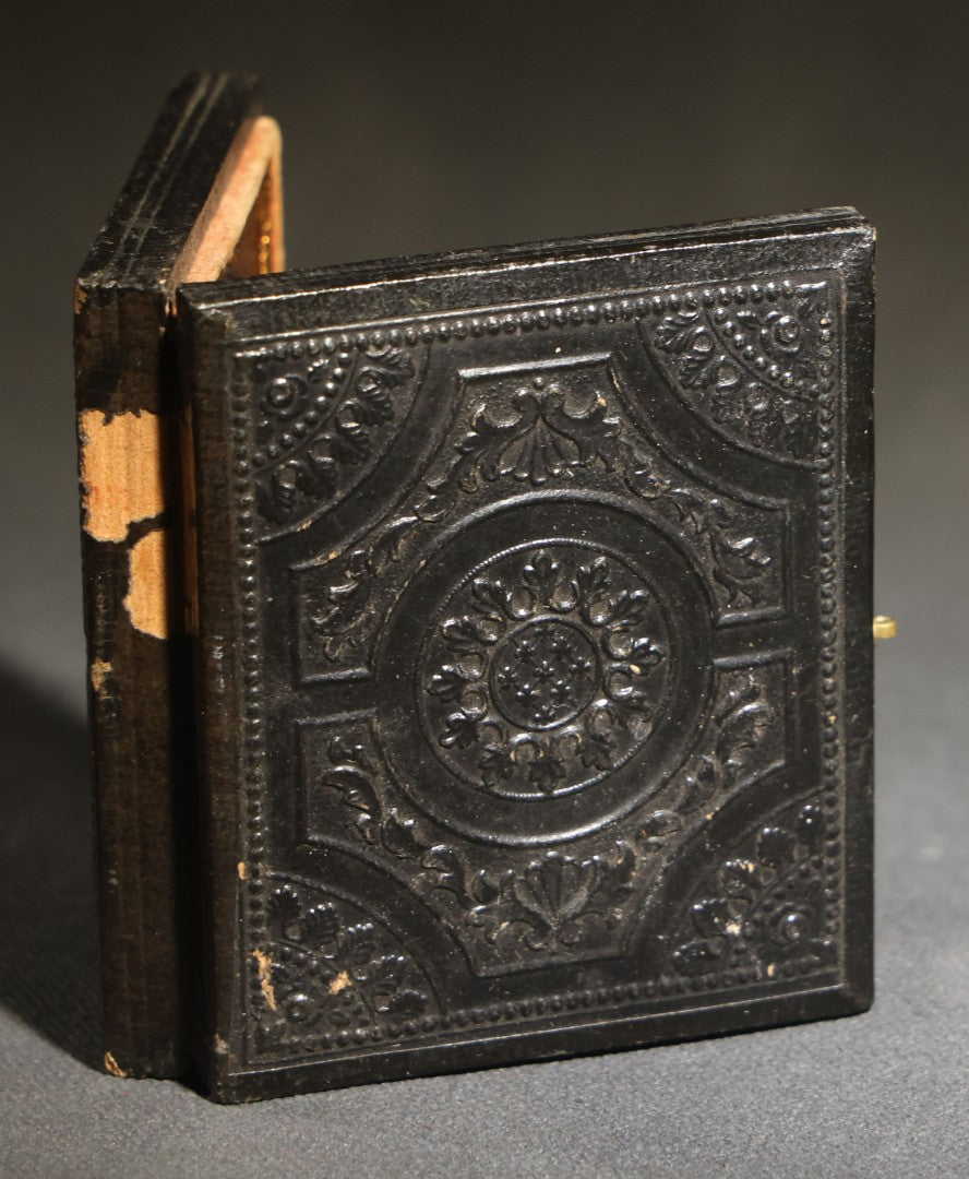 Antique 1/9th Plate Ambrotype Photograph of a Middle-Aged Woman in a Bonnet and Dark Dress, Full Intact Leatherette Case