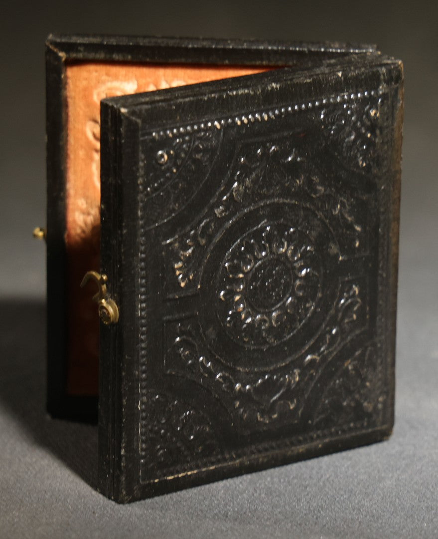 Antique 1/9th Plate Ambrotype Photograph of a Middle-Aged Woman in a Bonnet and Dark Dress, Full Intact Leatherette Case
