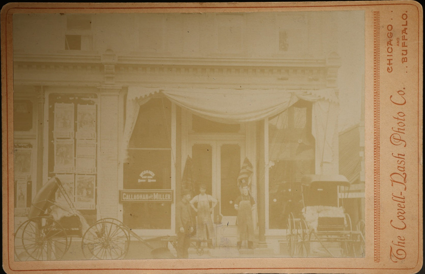Antique Cabinet Card Occupational Photograph of the Callaghan and Miller Storefront with Horse-Drawn Buggies, Photographed by the Covell-Dash Photo Co., Chicago, Illinois and Buffalo, New York