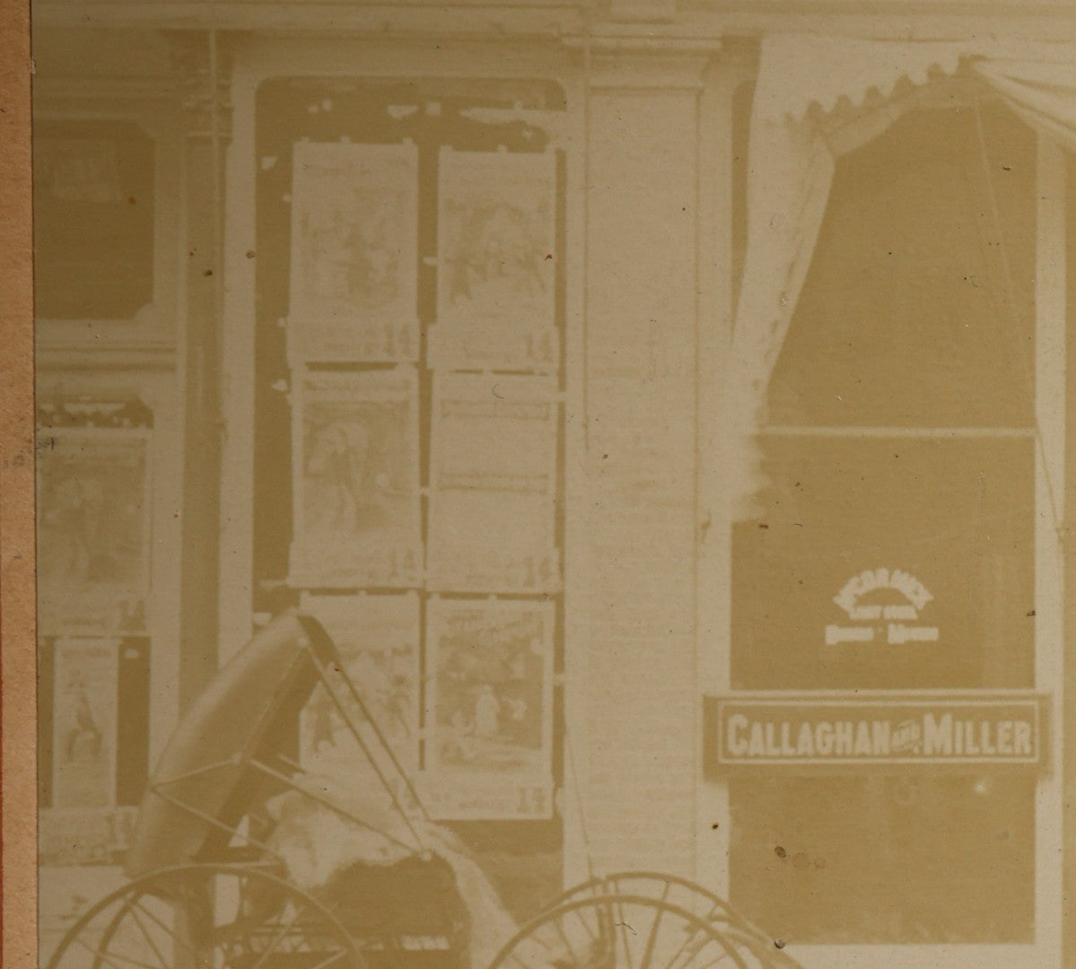 Antique Cabinet Card Occupational Photograph of the Callaghan and Miller Storefront with Horse-Drawn Buggies, Photographed by the Covell-Dash Photo Co., Chicago, Illinois and Buffalo, New York