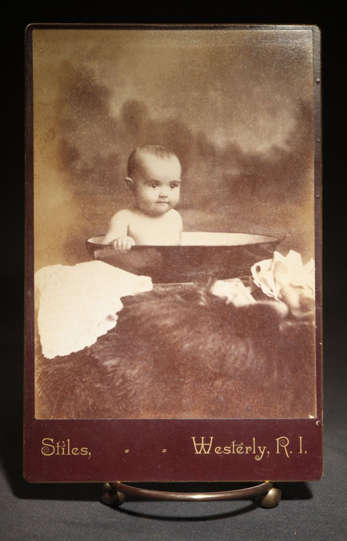 Antique Cabinet Card Photograph of a Baby in a Wash Basin, Photographed by Stiles, Westerly, Rhode Island