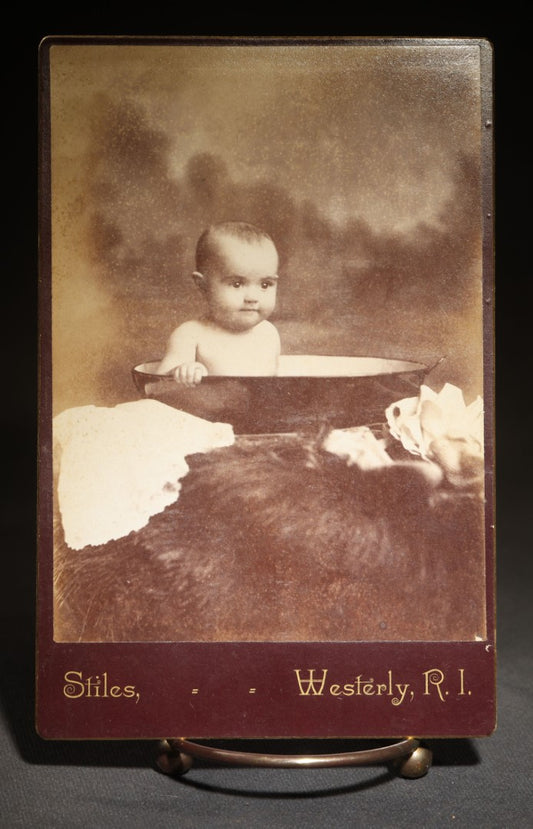 Antique Cabinet Card Photograph of a Baby in a Wash Basin, Photographed by Stiles, Westerly, Rhode Island