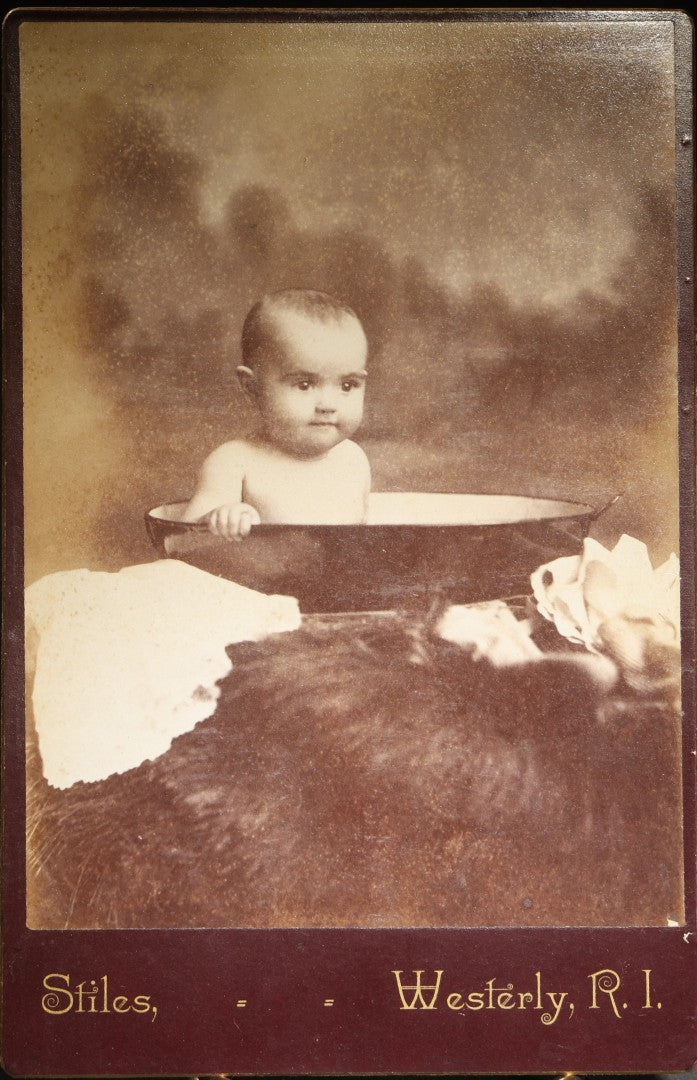 Antique Cabinet Card Photograph of a Baby in a Wash Basin, Photographed by Stiles, Westerly, Rhode Island
