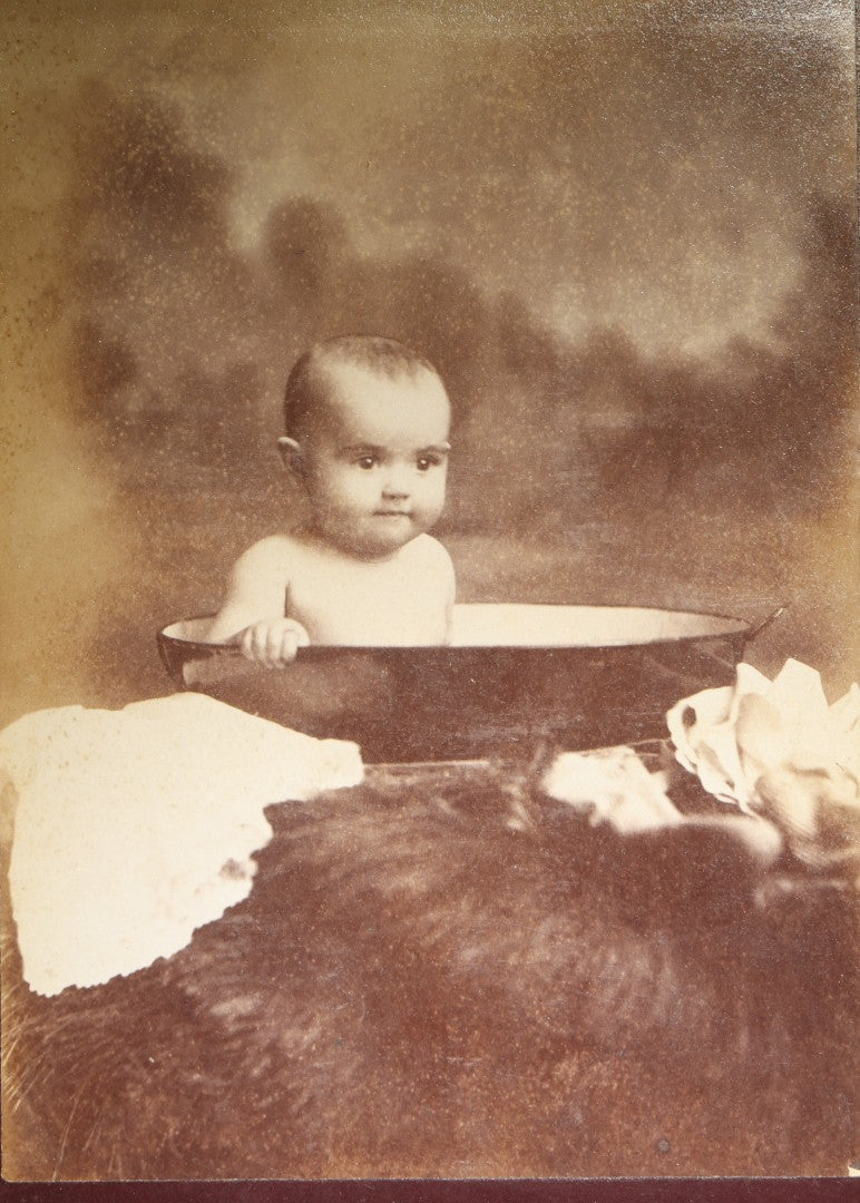 Antique Cabinet Card Photograph of a Baby in a Wash Basin, Photographed by Stiles, Westerly, Rhode Island