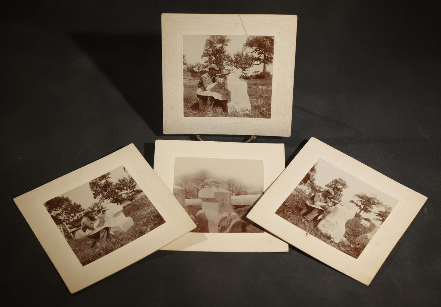 Grouping of Four Antique Board-Mounted Occupational Photographs of a Stone Carver Sculpting a Fountain, Inscribed Charles Le Page, Carved for Mr. Barney, on Eastman Kodak Mounts