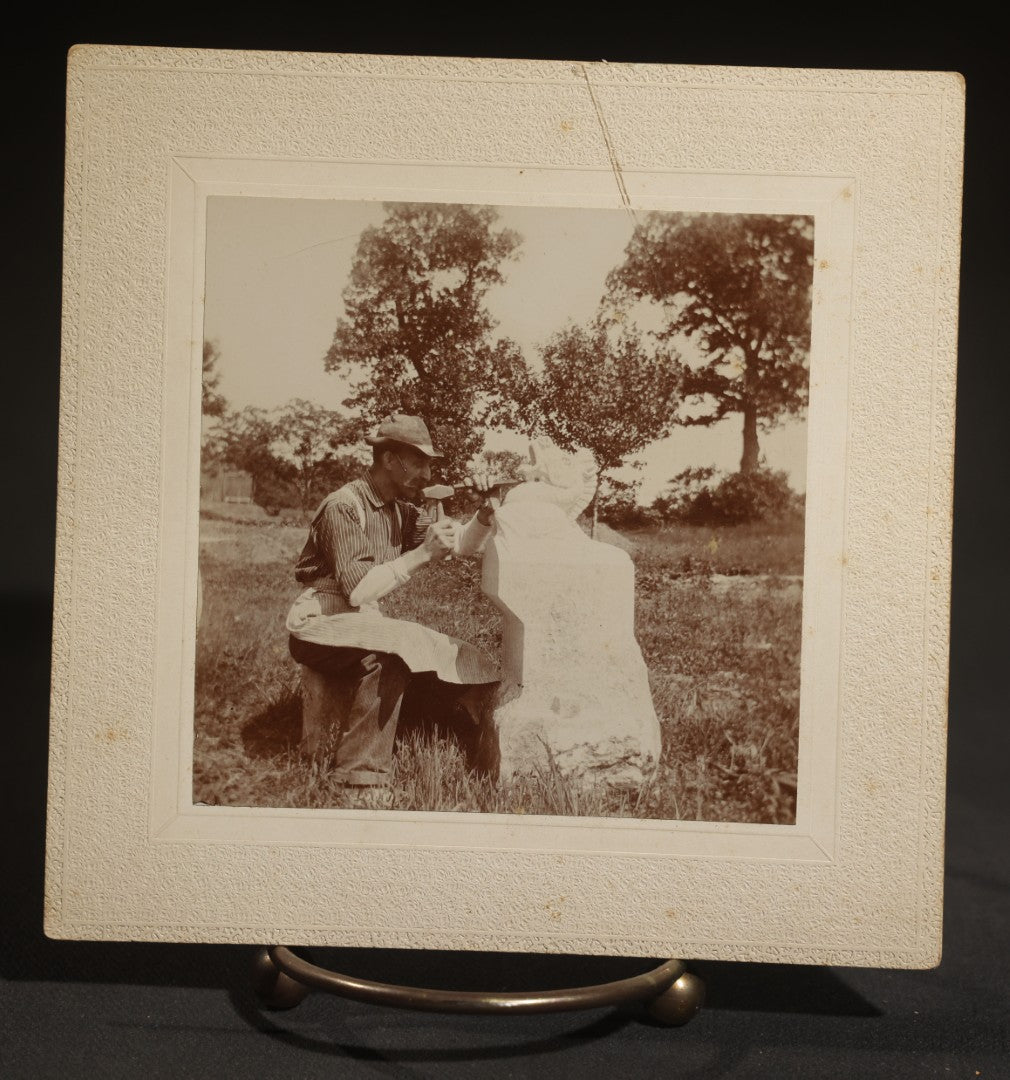 Grouping of Four Antique Board-Mounted Occupational Photographs of a Stone Carver Sculpting a Fountain, Inscribed Charles Le Page, Carved for Mr. Barney, on Eastman Kodak Mounts