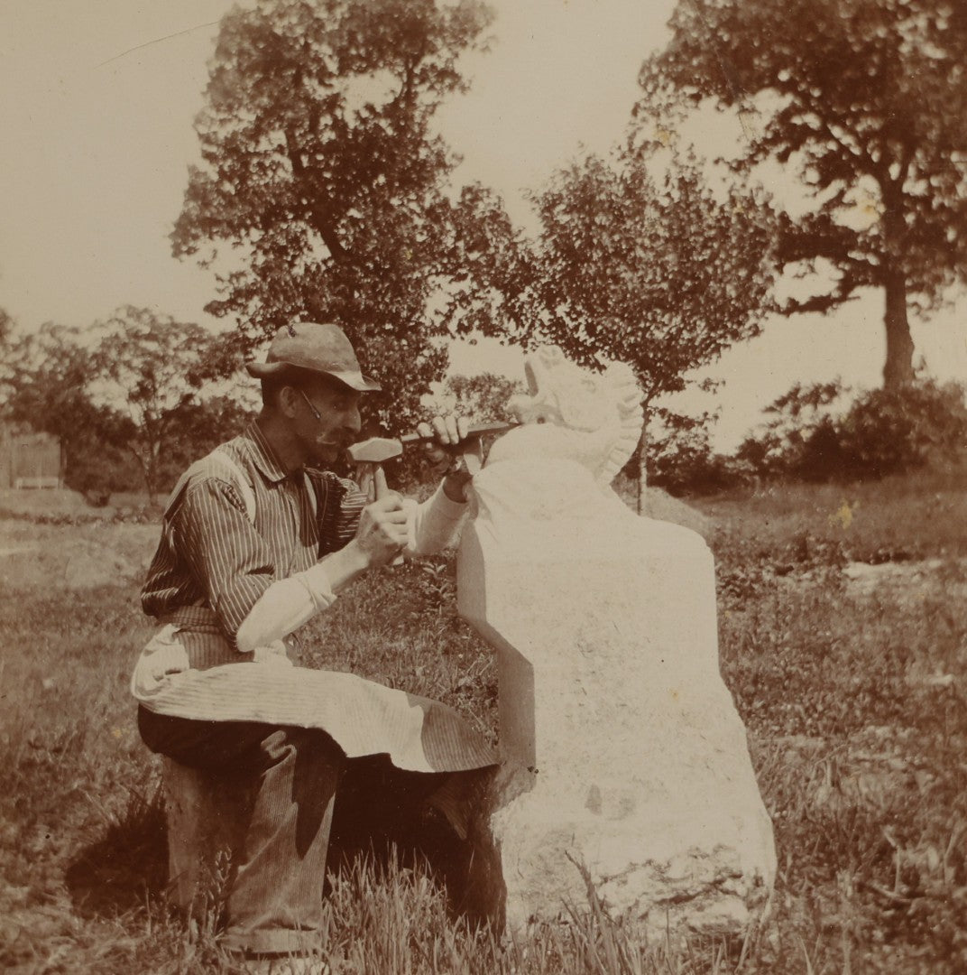 Grouping of Four Antique Board-Mounted Occupational Photographs of a Stone Carver Sculpting a Fountain, Inscribed Charles Le Page, Carved for Mr. Barney, on Eastman Kodak Mounts