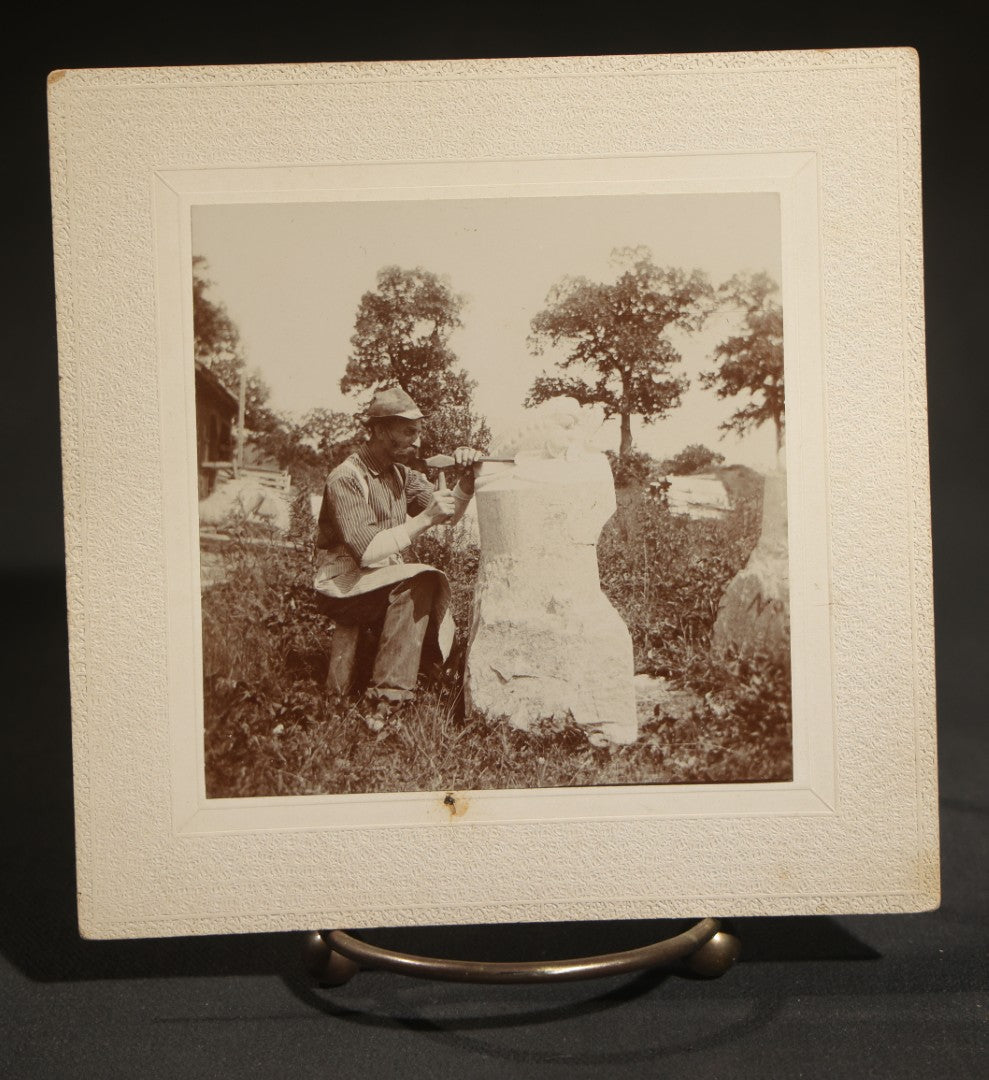 Grouping of Four Antique Board-Mounted Occupational Photographs of a Stone Carver Sculpting a Fountain, Inscribed Charles Le Page, Carved for Mr. Barney, on Eastman Kodak Mounts