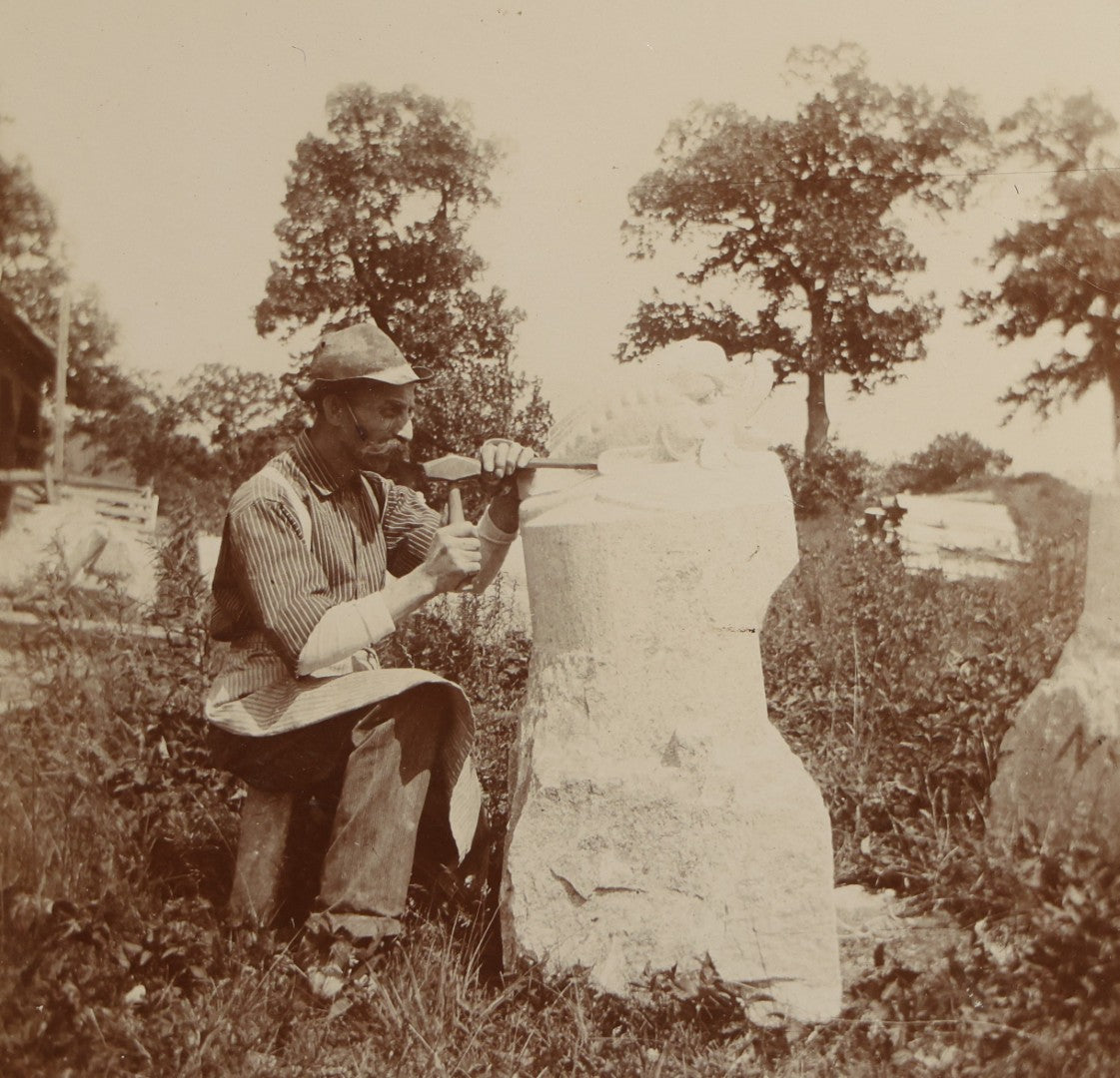 Grouping of Four Antique Board-Mounted Occupational Photographs of a Stone Carver Sculpting a Fountain, Inscribed Charles Le Page, Carved for Mr. Barney, on Eastman Kodak Mounts
