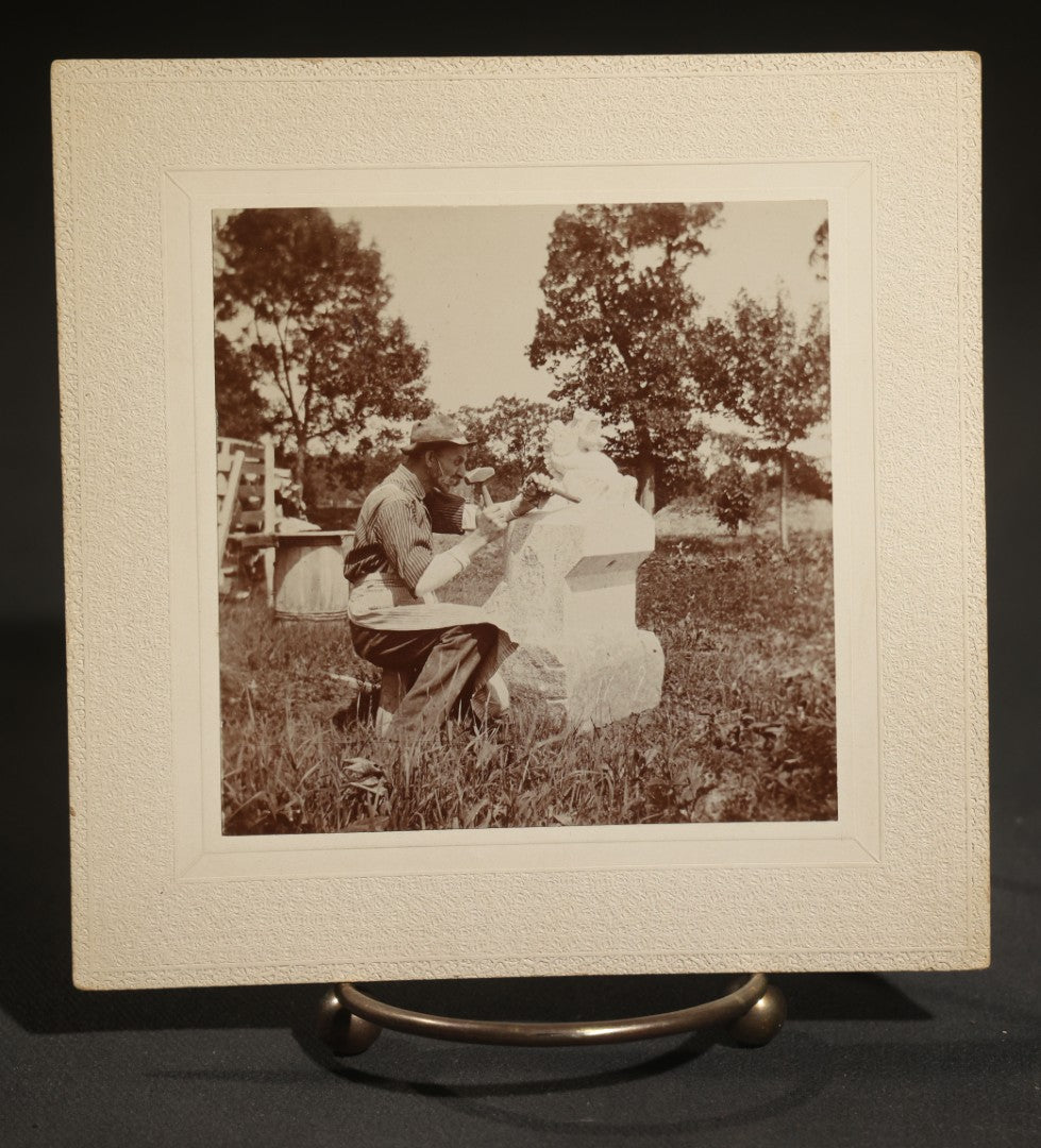 Grouping of Four Antique Board-Mounted Occupational Photographs of a Stone Carver Sculpting a Fountain, Inscribed Charles Le Page, Carved for Mr. Barney, on Eastman Kodak Mounts