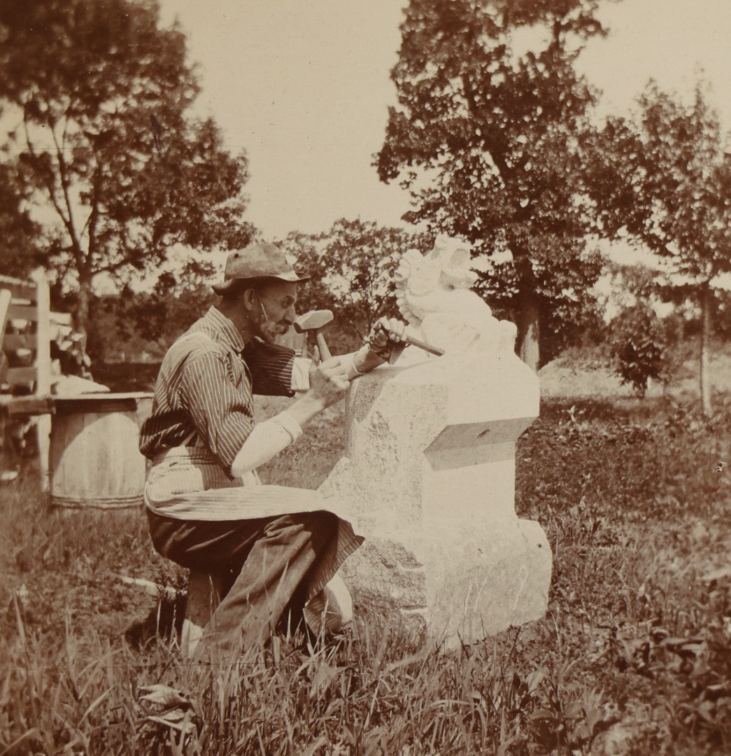 Grouping of Four Antique Board-Mounted Occupational Photographs of a Stone Carver Sculpting a Fountain, Inscribed Charles Le Page, Carved for Mr. Barney, on Eastman Kodak Mounts