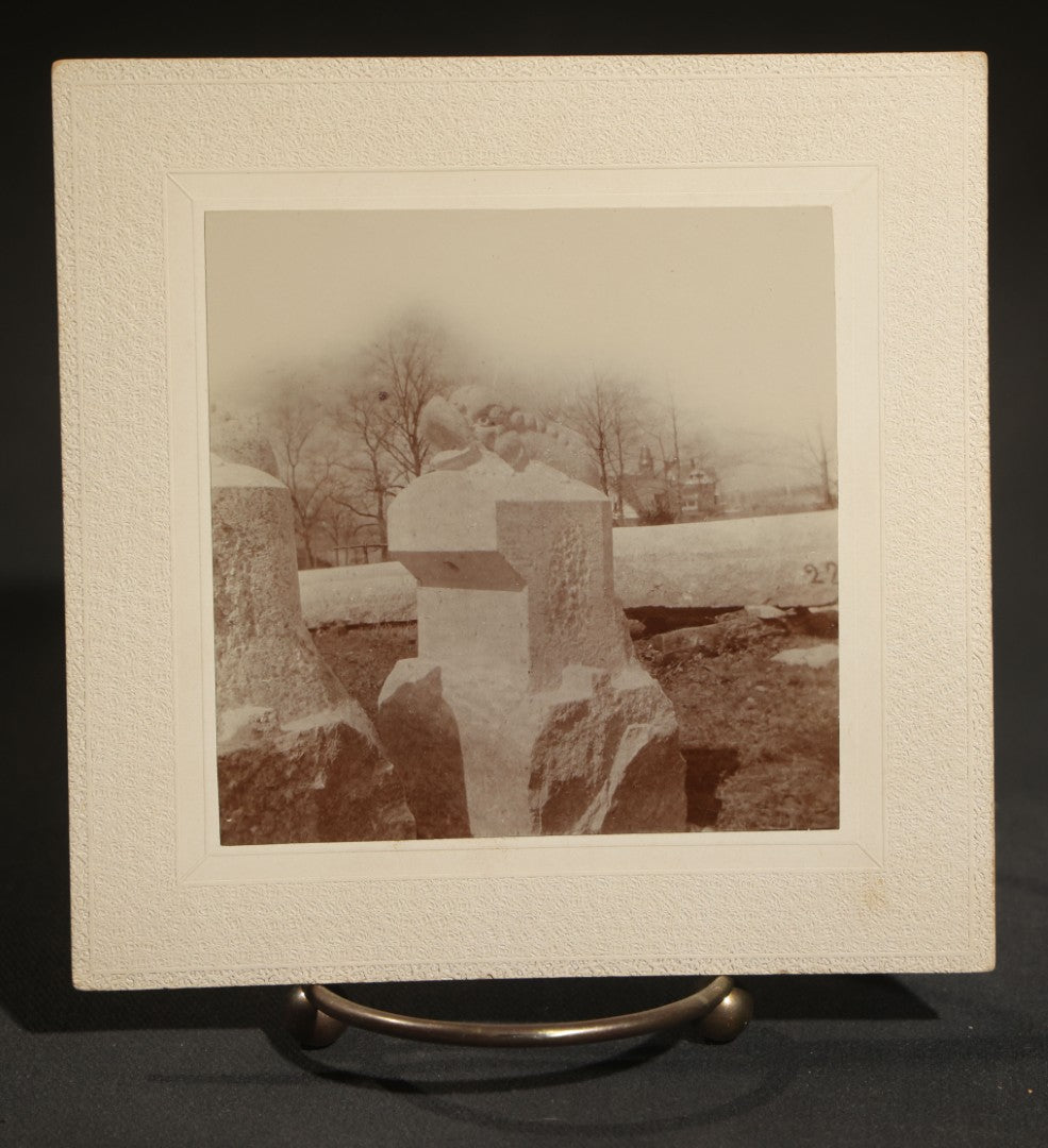 Grouping of Four Antique Board-Mounted Occupational Photographs of a Stone Carver Sculpting a Fountain, Inscribed Charles Le Page, Carved for Mr. Barney, on Eastman Kodak Mounts