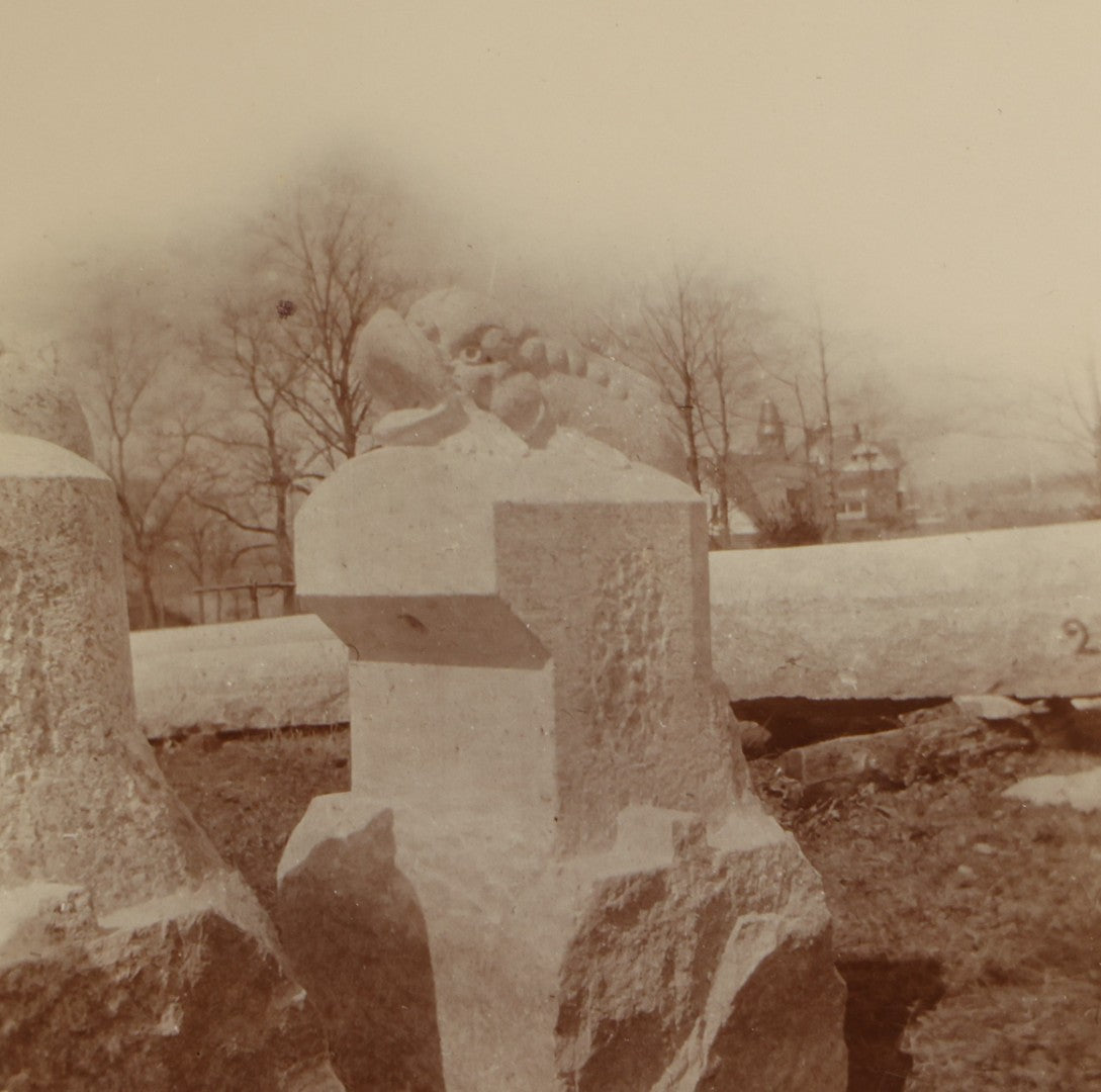 Grouping of Four Antique Board-Mounted Occupational Photographs of a Stone Carver Sculpting a Fountain, Inscribed Charles Le Page, Carved for Mr. Barney, on Eastman Kodak Mounts