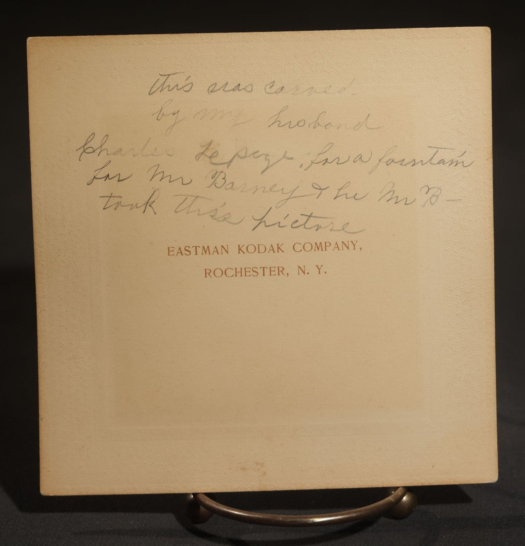 Grouping of Four Antique Board-Mounted Occupational Photographs of a Stone Carver Sculpting a Fountain, Inscribed Charles Le Page, Carved for Mr. Barney, on Eastman Kodak Mounts