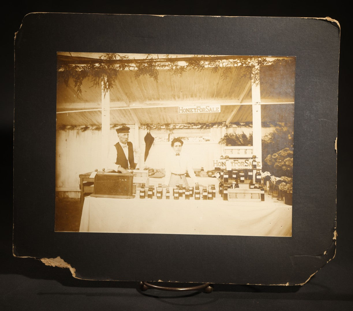 Antique Board-Mounted Occupational Photograph of W. Clinton Welch, Sr. and Annie Goodsell Selling Honey at the Danbury Fair, Coleytown, Westport, Connecticut, Circa 1900