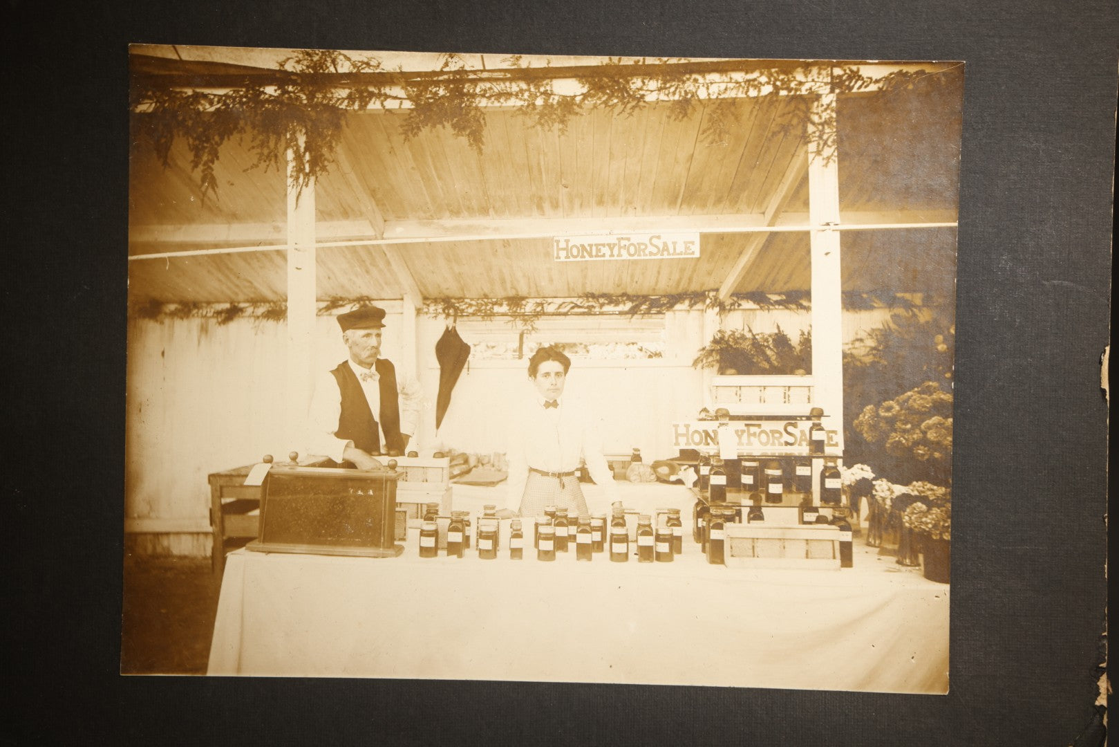 Antique Board-Mounted Occupational Photograph of W. Clinton Welch, Sr. and Annie Goodsell Selling Honey at the Danbury Fair, Coleytown, Westport, Connecticut, Circa 1900