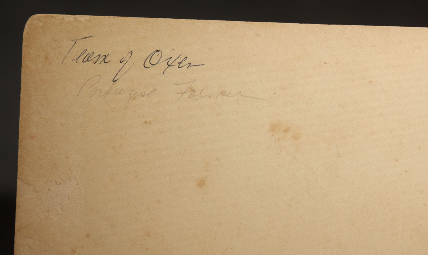 Antique Board-Mounted Occupational Photograph of a Portuguese Farmer with a Team of Oxen and Cart, Inscribed "Team of Oxen, Portuguese Farmer"