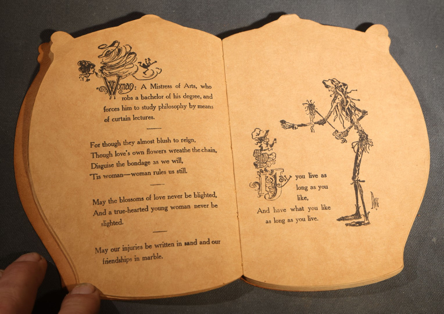 "Toasts" Antique Leather-Covered Stein-Shaped Novelty Book Compiled by W.M. Rhoads, Drawings by Clare Victor Dwiggins, Published by the Penn Publishing Company, Philadelphia, Pennsylvania, 1904