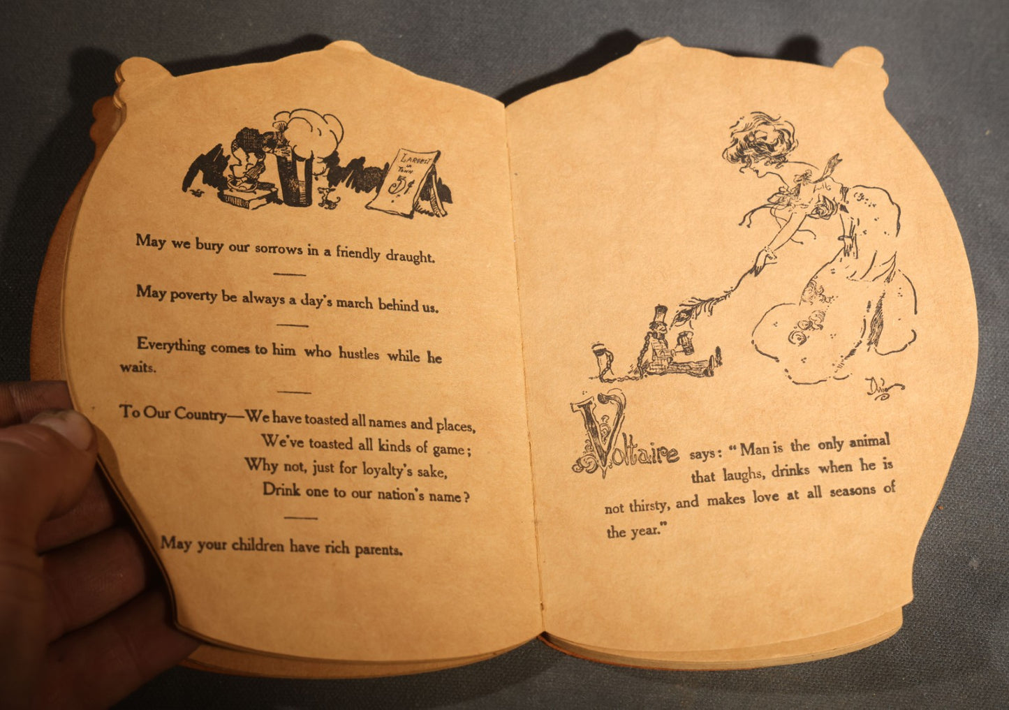 "Toasts" Antique Leather-Covered Stein-Shaped Novelty Book Compiled by W.M. Rhoads, Drawings by Clare Victor Dwiggins, Published by the Penn Publishing Company, Philadelphia, Pennsylvania, 1904