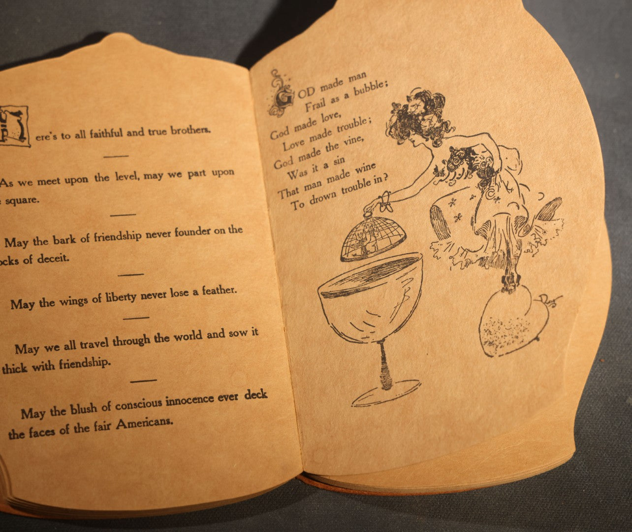 "Toasts" Antique Leather-Covered Stein-Shaped Novelty Book Compiled by W.M. Rhoads, Drawings by Clare Victor Dwiggins, Published by the Penn Publishing Company, Philadelphia, Pennsylvania, 1904