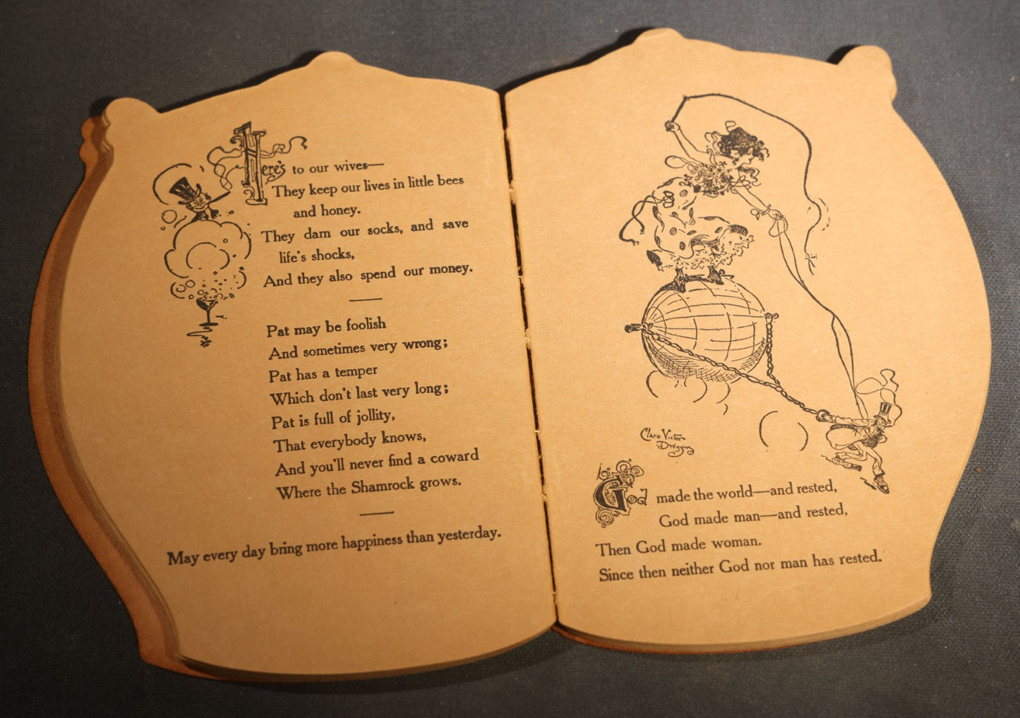 "Toasts" Antique Leather-Covered Stein-Shaped Novelty Book Compiled by W.M. Rhoads, Drawings by Clare Victor Dwiggins, Published by the Penn Publishing Company, Philadelphia, Pennsylvania, 1904