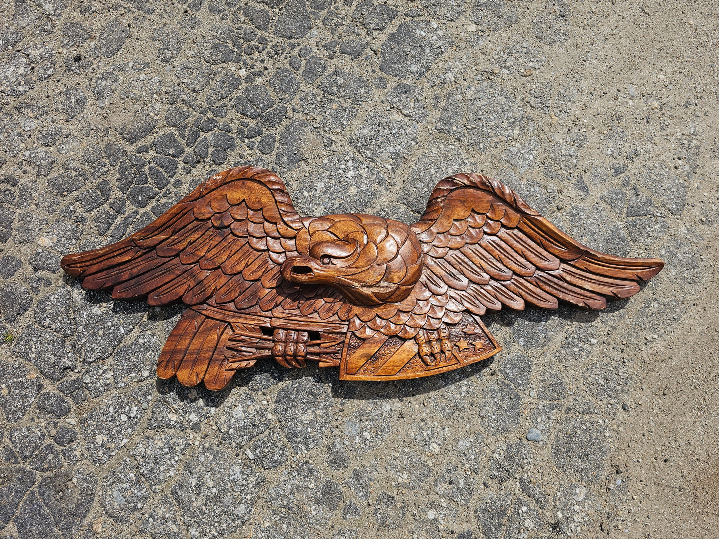 Vintage carved wooden eagle with arrows and shield, 31"