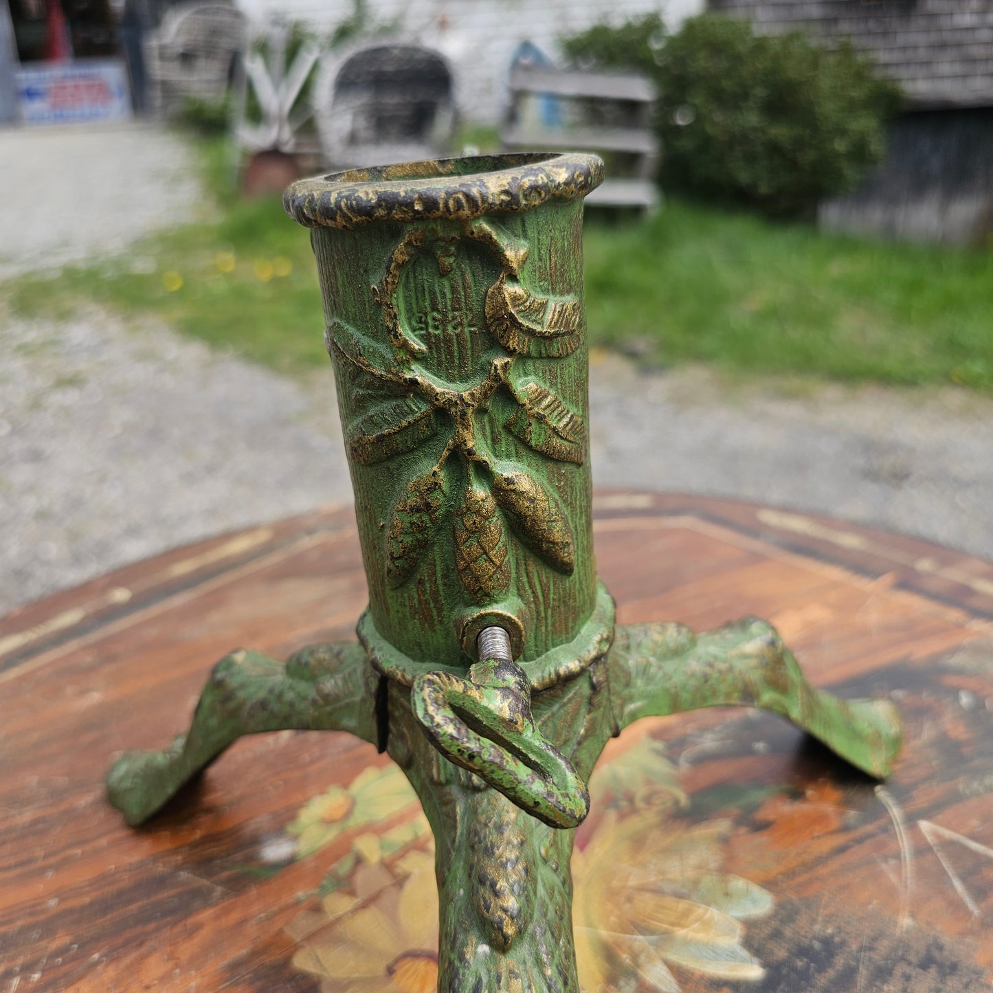 Antique cast metal, green painted tree or flag pole holder