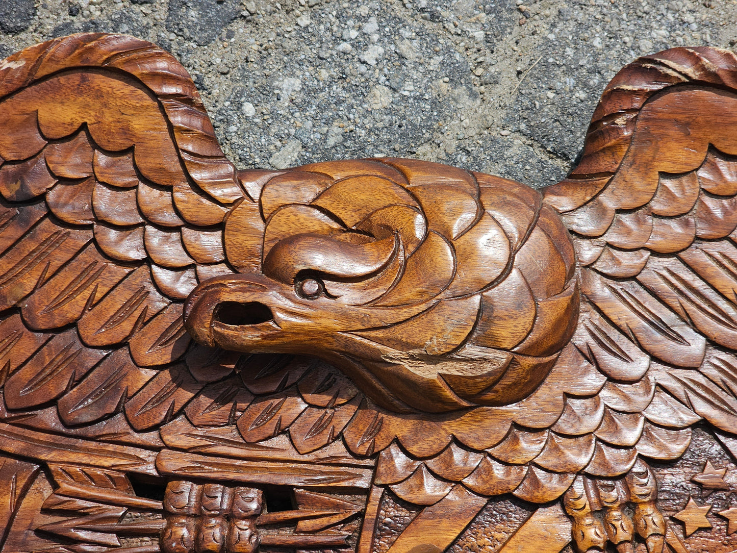 Vintage carved wooden eagle with arrows and shield, 31"