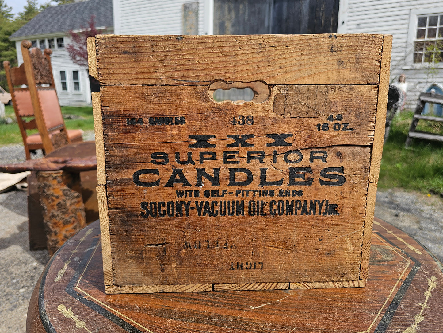 Antique XXX superior candles crate, socony vacuum oil company