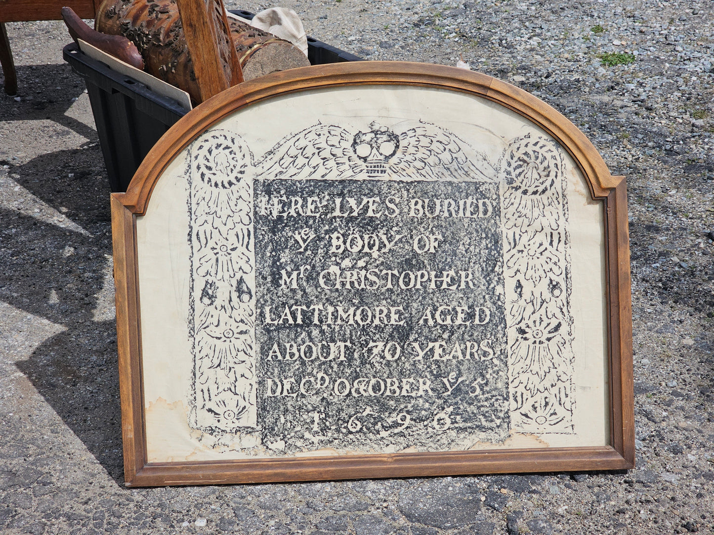 Very large vintage grave rubbing, Christopher Lattimore, died 1690, winged skull, 32 x 26"