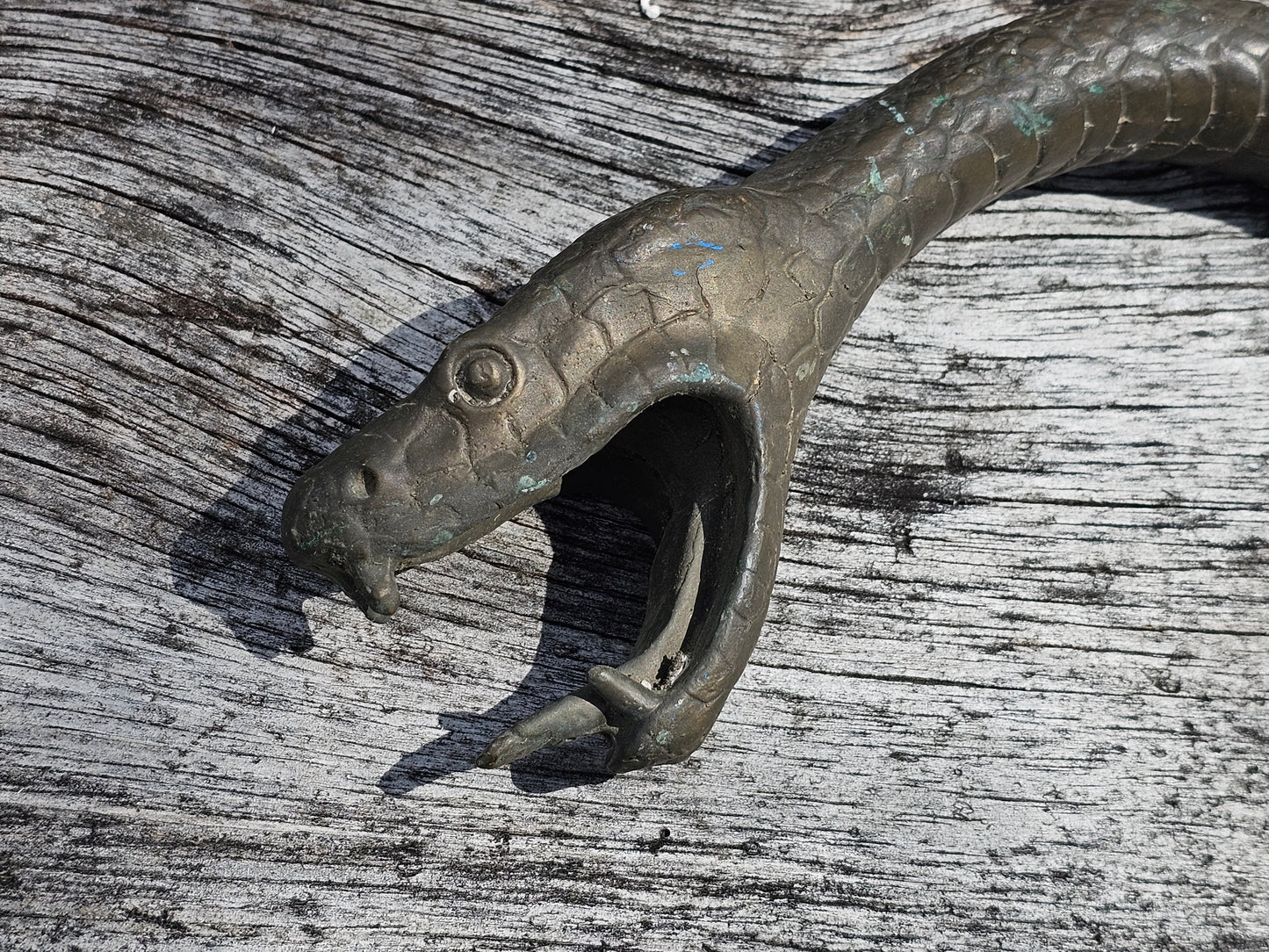 Heavy solid cast metal (bronze?) snake head, 17"