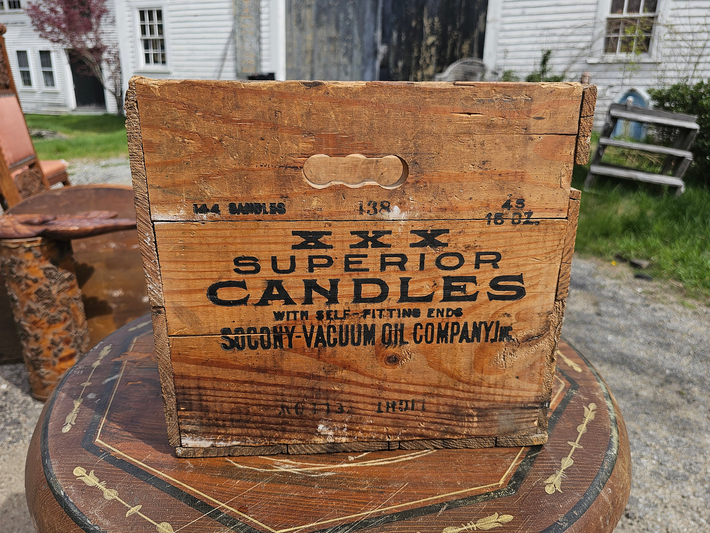 Antique XXX superior candles crate, socony vacuum oil company