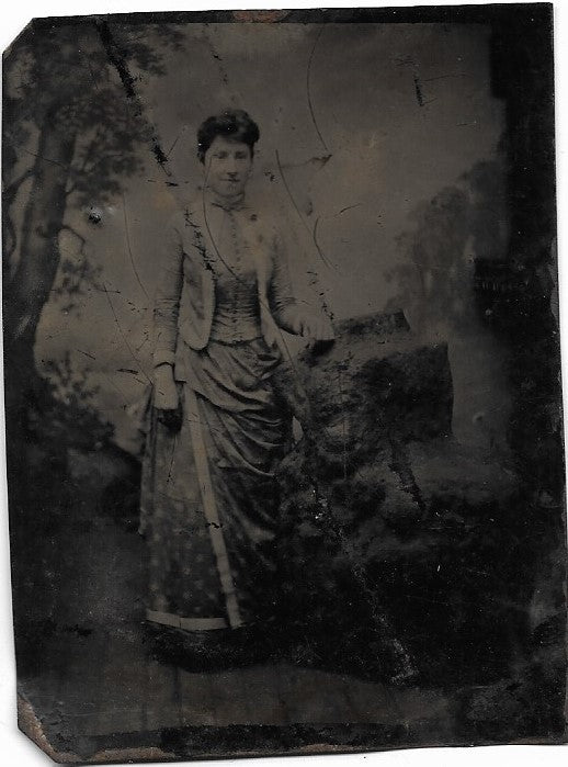 Tintype Photograph of a Woamn in a Patterned Dress
