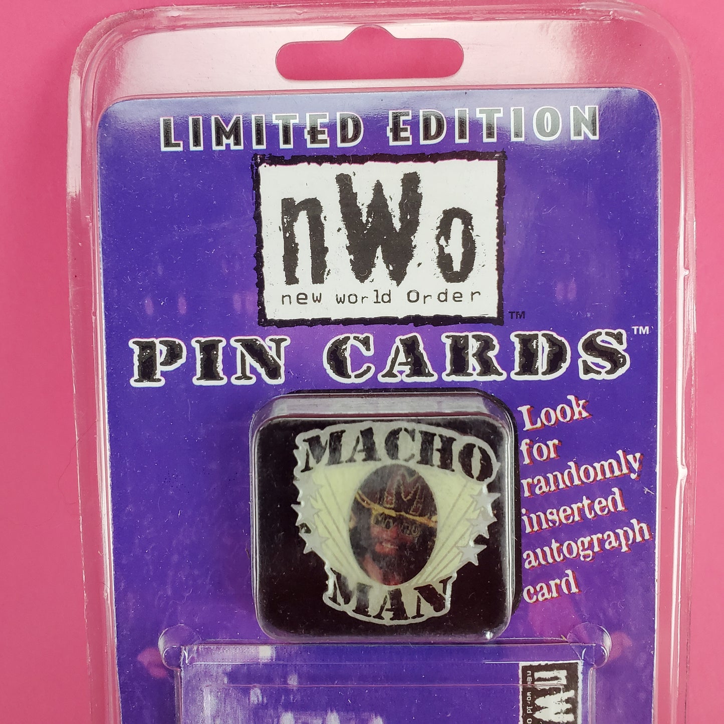 New World Order Wrestling Macho Man Randy Savage Pin Card, 1997 NOS