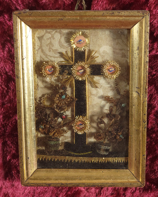 Victorian Memento Mori Hair Art Wreath Shadow Box Reliquary