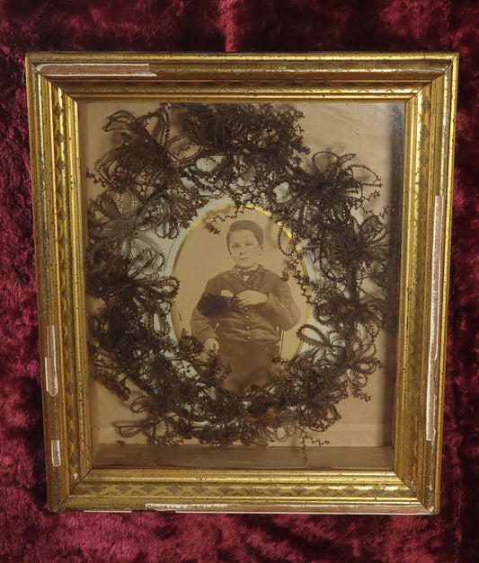 Victorian Memento Mori Mourning Hair Art Wreath Shadow Box With Photo