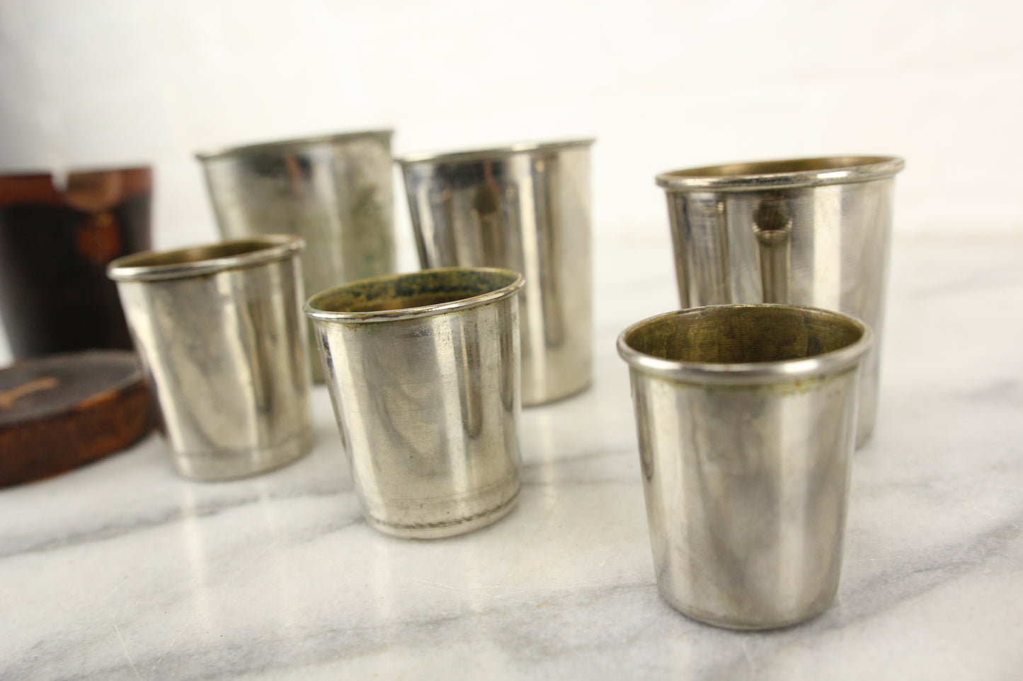 Graduated 6 Piece Metal Nesting Cup Set in Leather Case