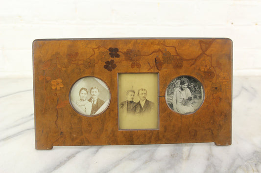 Marquetry Inlaid Wood Triptych Standing Frame with Antique Photographs