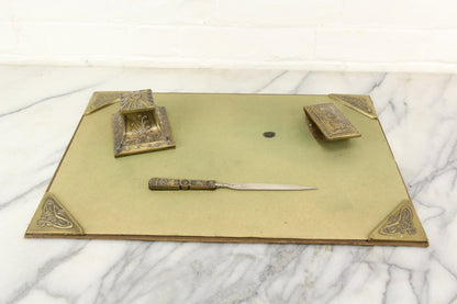 Art Nouveau Four Piece Desk Set with Inkwell, Blotter, Letter Opener, and Writing Pad