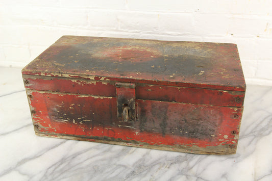 Red Painted Wooden Tool Box, Once Belonged to C.H. Hough - 18 x 9 x 7"