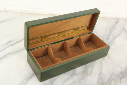 Green Painted Wooden Storage Box with Dividers and Ship Motif - 10.25 x 3.75 x 2.5"