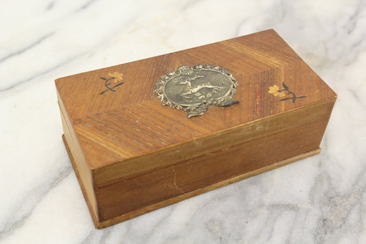 Small Wooden Storage Box with Tin Deer and Marquetry Inlaid Flowers - 7.5 x 3.75 x 2.5"