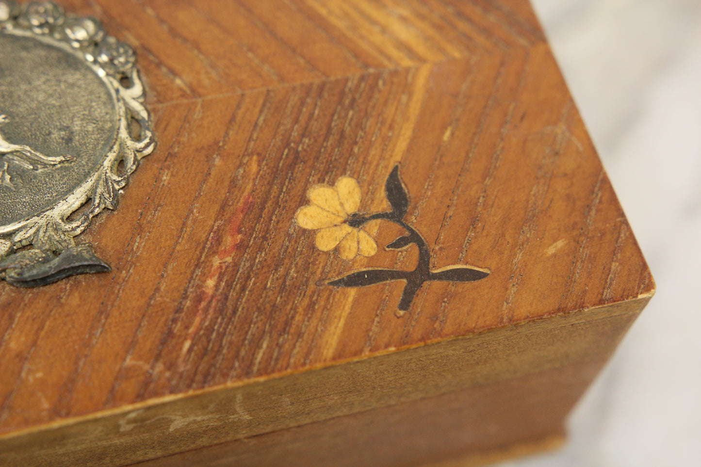 Small Wooden Storage Box with Tin Deer and Marquetry Inlaid Flowers - 7.5 x 3.75 x 2.5"
