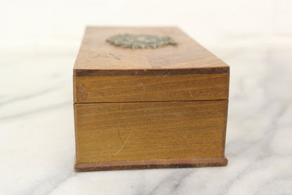 Small Wooden Storage Box with Tin Deer and Marquetry Inlaid Flowers - 7.5 x 3.75 x 2.5"
