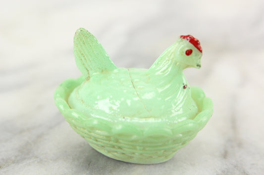 Victorian Green Milk Glass Miniature Hen on Basket Dresser Box Hair Keeper