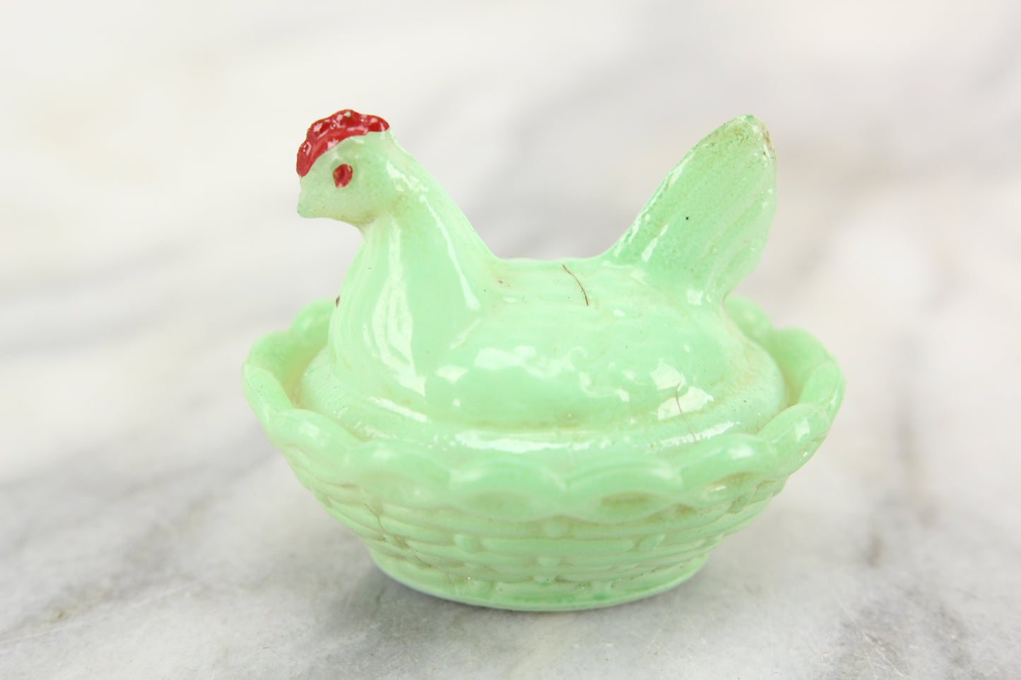 Victorian Green Milk Glass Miniature Hen on Basket Dresser Box Hair Keeper