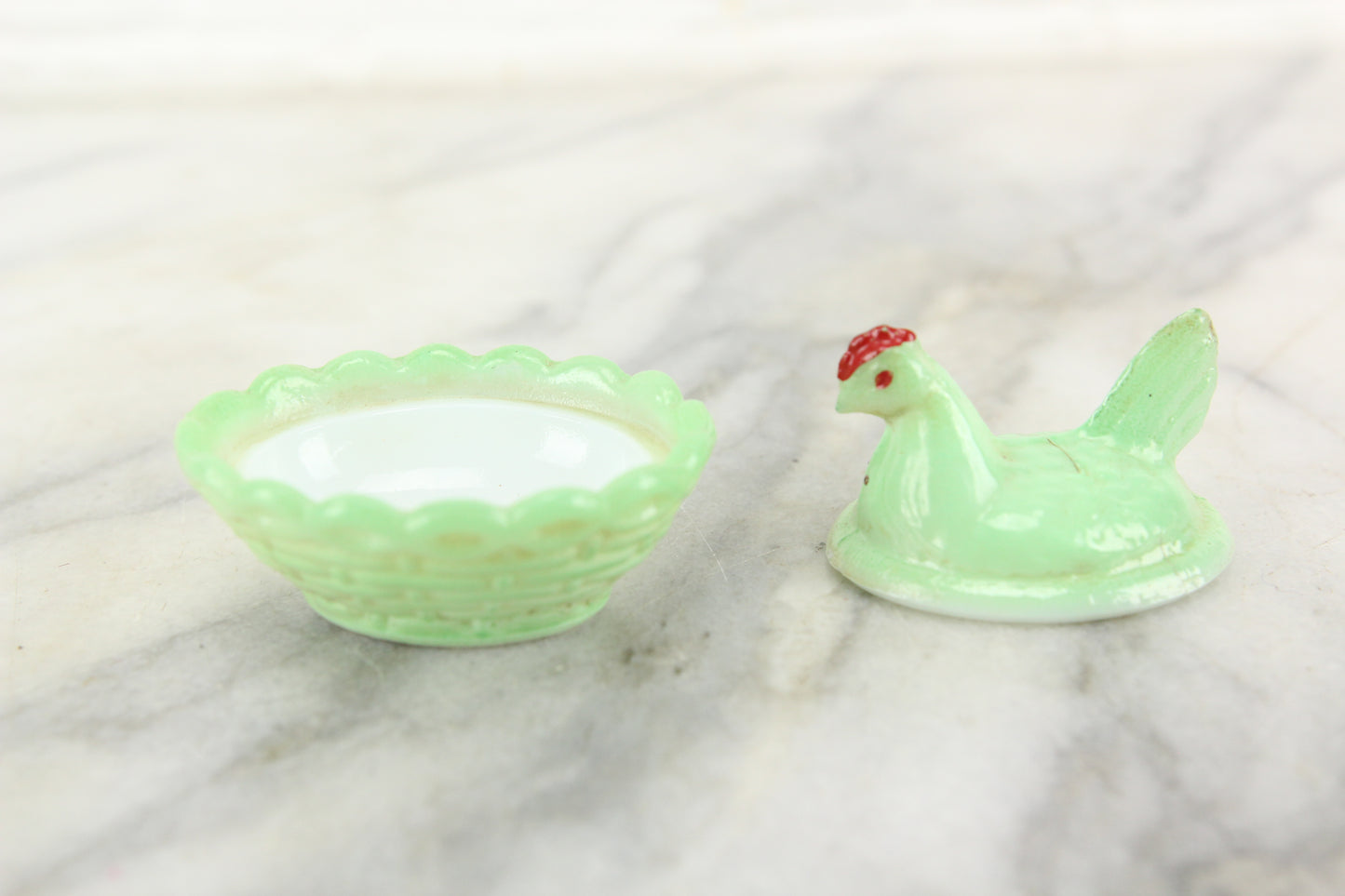 Victorian Green Milk Glass Miniature Hen on Basket Dresser Box Hair Keeper