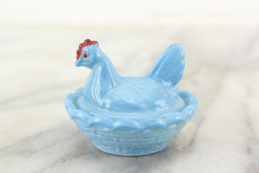 Victorian Blue Milk Glass Miniature Hen on Basket Dresser Box Hair Keeper